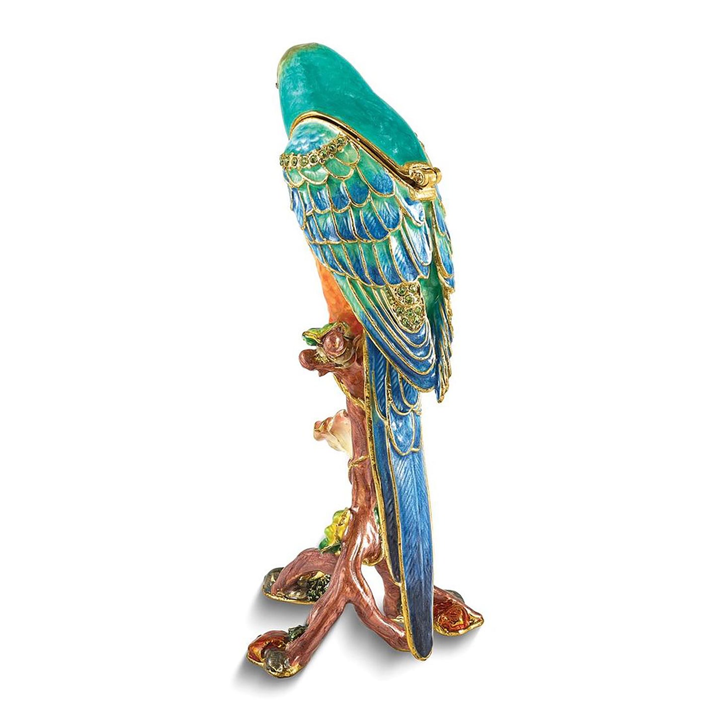 Bejeweled Mojo Macaw Parrot Trinket Container Bejeweled Trinket Box with Matching 18 Inch Necklace, Hand Painted Enameled Collectible Gift