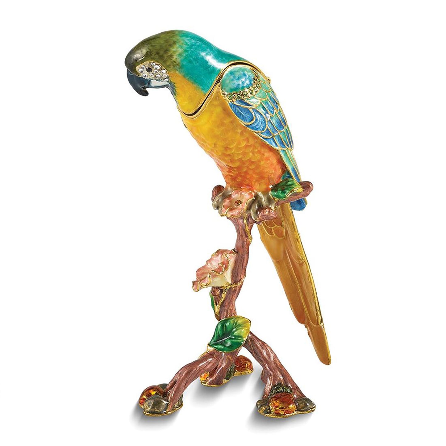 Bejeweled Mojo Macaw Parrot Trinket Container Bejeweled Trinket Box with Matching 18 Inch Necklace, Hand Painted Enameled Collectible Gift