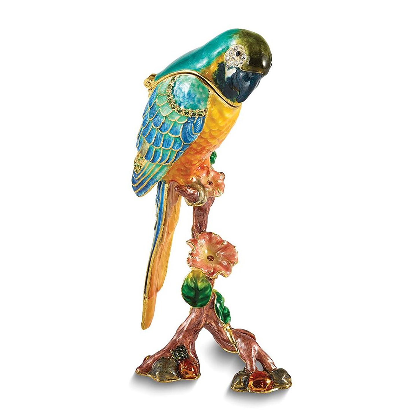 Bejeweled Mojo Macaw Parrot Trinket Container Bejeweled Trinket Box with Matching 18 Inch Necklace, Hand Painted Enameled Collectible Gift