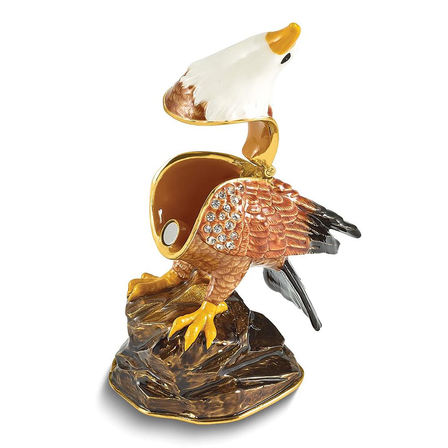 Bejeweled Excalibur Bald Eagle Trinket Container Bejeweled Trinket Box with Matching 18 Inch Necklace, Hand Painted Enameled Collectible Gift