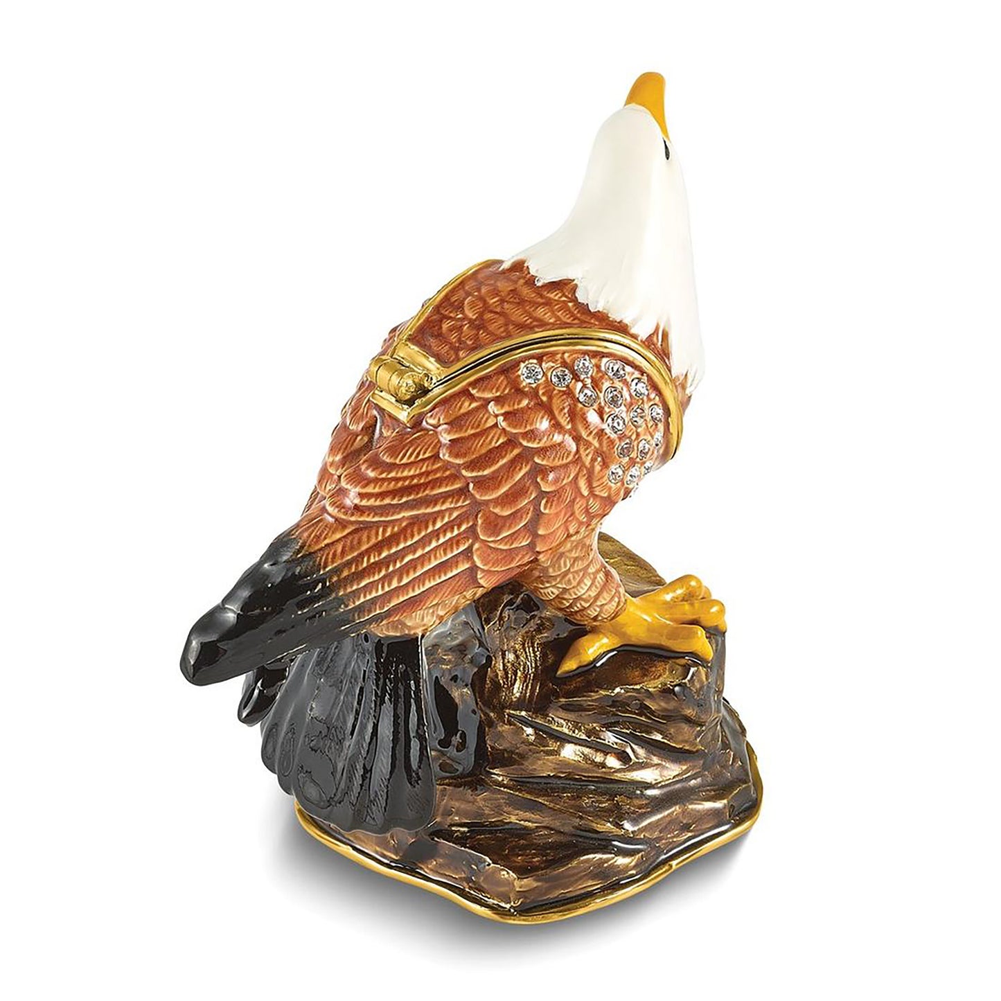 Bejeweled Excalibur Bald Eagle Trinket Container Bejeweled Trinket Box with Matching 18 Inch Necklace, Hand Painted Enameled Collectible Gift