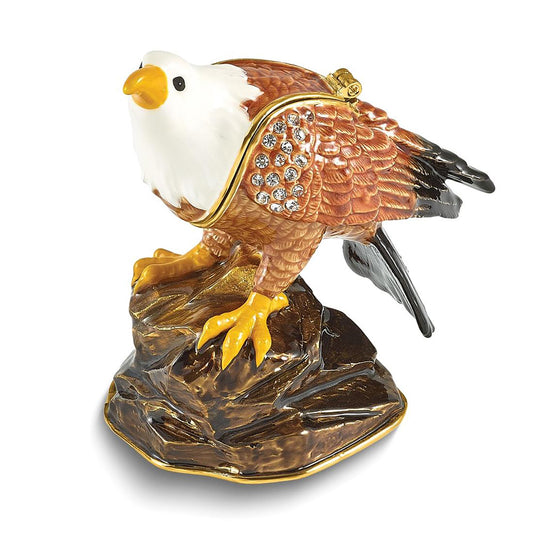 Bejeweled Excalibur Bald Eagle Trinket Container Bejeweled Trinket Box with Matching 18 Inch Necklace, Hand Painted Enameled Collectible Gift
