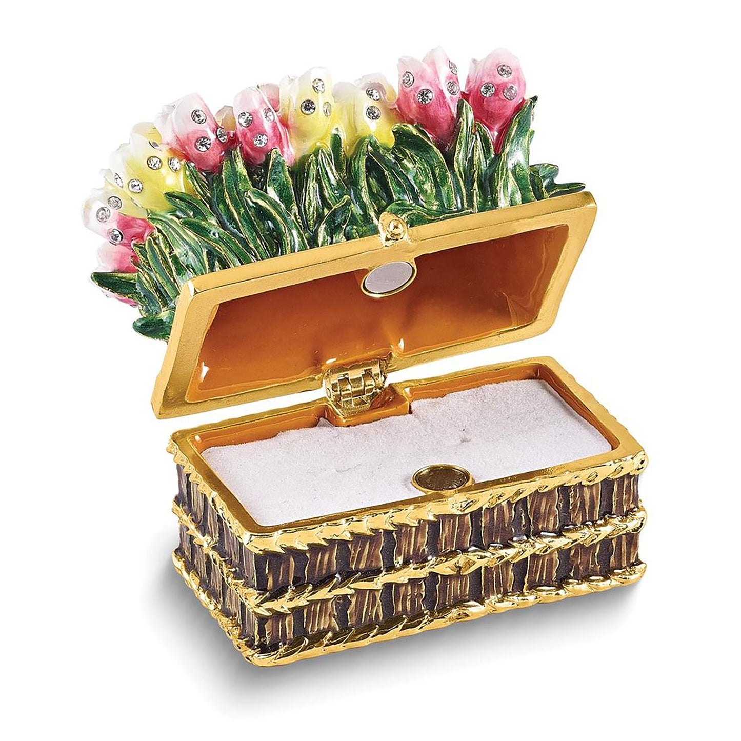 Bejeweled Lovely Surprise Basket Of Tulips Trinket Container Bejeweled Trinket Box with Matching 18 Inch Necklace, Hand Painted Enameled Collectible Gift