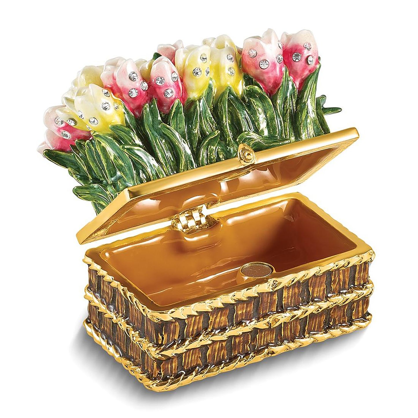 Bejeweled Lovely Surprise Basket Of Tulips Trinket Container Bejeweled Trinket Box with Matching 18 Inch Necklace, Hand Painted Enameled Collectible Gift