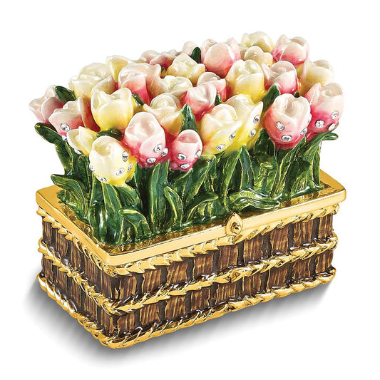 Bejeweled Lovely Surprise Basket Of Tulips Trinket Container Bejeweled Trinket Box with Matching 18 Inch Necklace, Hand Painted Enameled Collectible Gift