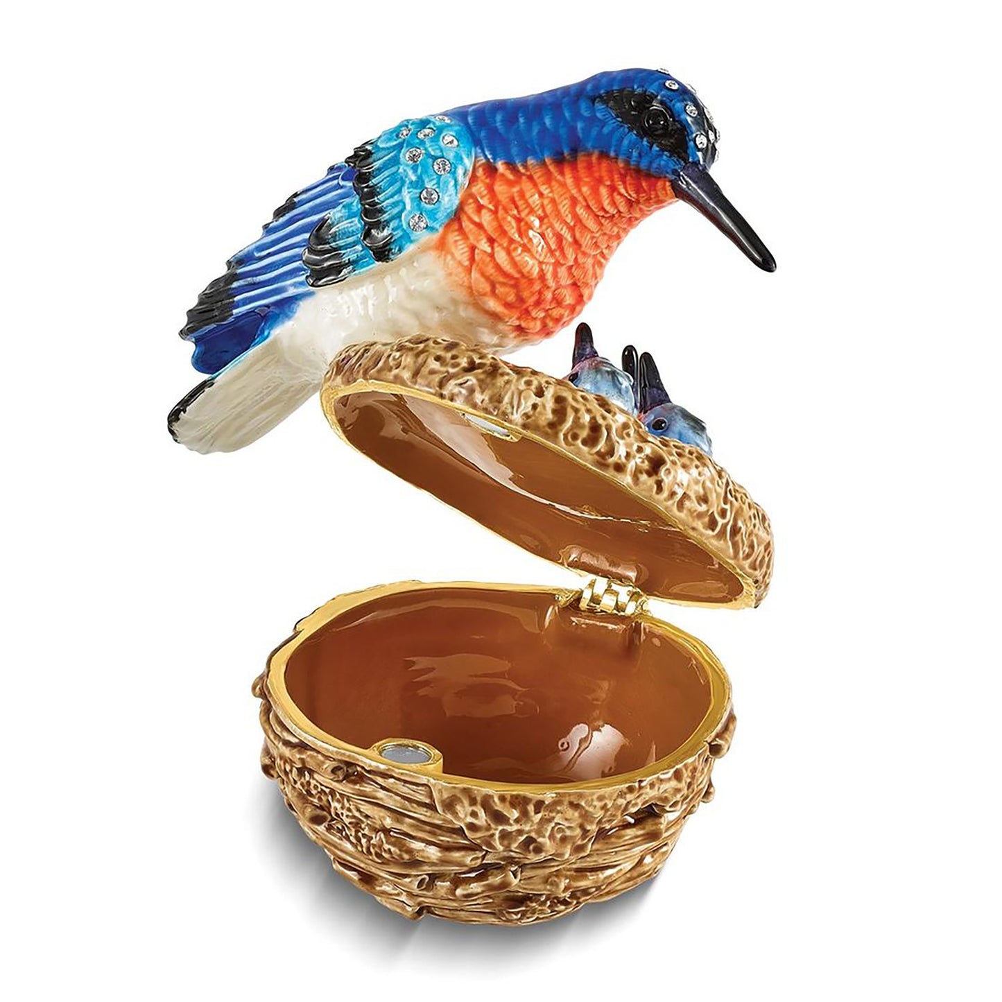 Bejeweled Ryann Kingfisher Bird w Babies Trinket Container Bejeweled Trinket Box with Matching 18 Inch Necklace, Hand Painted Enameled Collectible Gift
