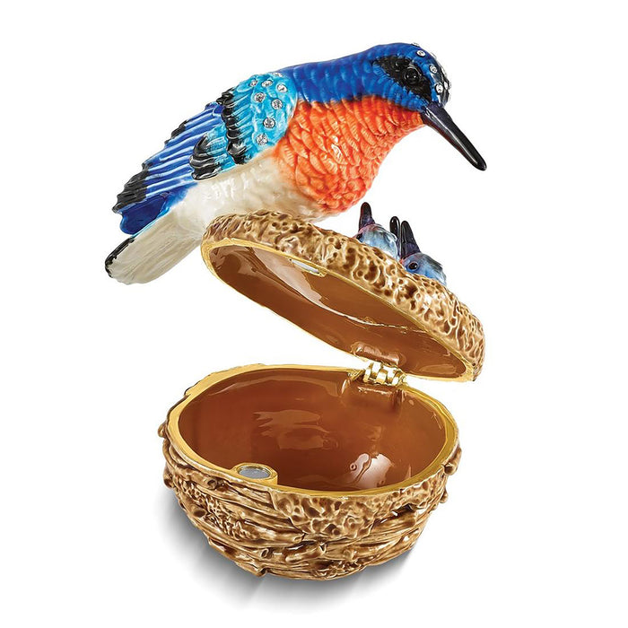 Jere Luxury Giftware Bejeweled Ryann Kingfisher Bird w Babies Trinket Container w Matching 18 Inch Necklace