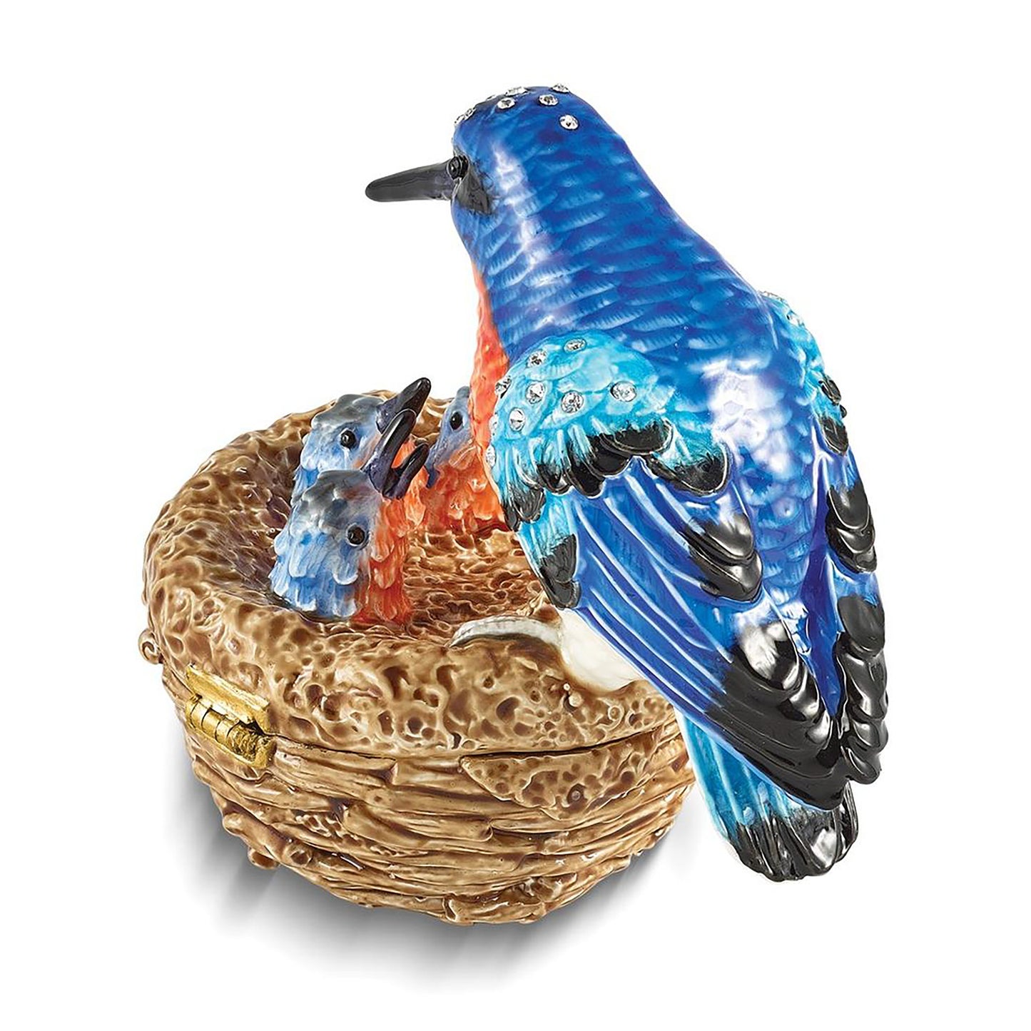 Bejeweled Ryann Kingfisher Bird w Babies Trinket Container Bejeweled Trinket Box with Matching 18 Inch Necklace, Hand Painted Enameled Collectible Gift