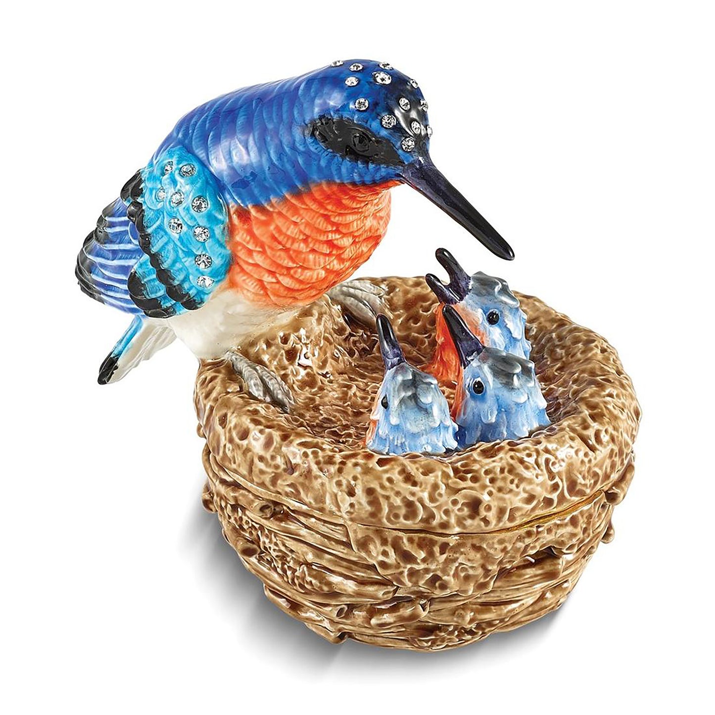Bejeweled Ryann Kingfisher Bird w Babies Trinket Container Bejeweled Trinket Box with Matching 18 Inch Necklace, Hand Painted Enameled Collectible Gift