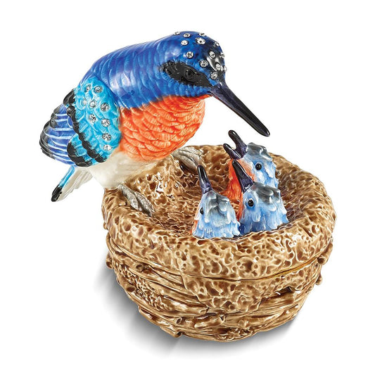 Bejeweled Ryann Kingfisher Bird w Babies Trinket Container Bejeweled Trinket Box with Matching 18 Inch Necklace, Hand Painted Enameled Collectible Gift