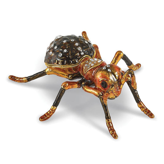 Bejeweled Ember Red Ant Trinket Container Bejeweled Trinket Box with Matching 18 Inch Necklace, Hand Painted Enameled Collectible Gift