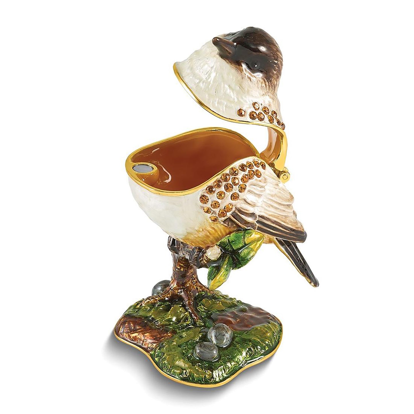 Bejeweled Aves Eastern Phoebe Flycatcher Bird Trinket Container Bejeweled Trinket Box with Matching 18 Inch Necklace, Hand Painted Enameled Collectible Gift
