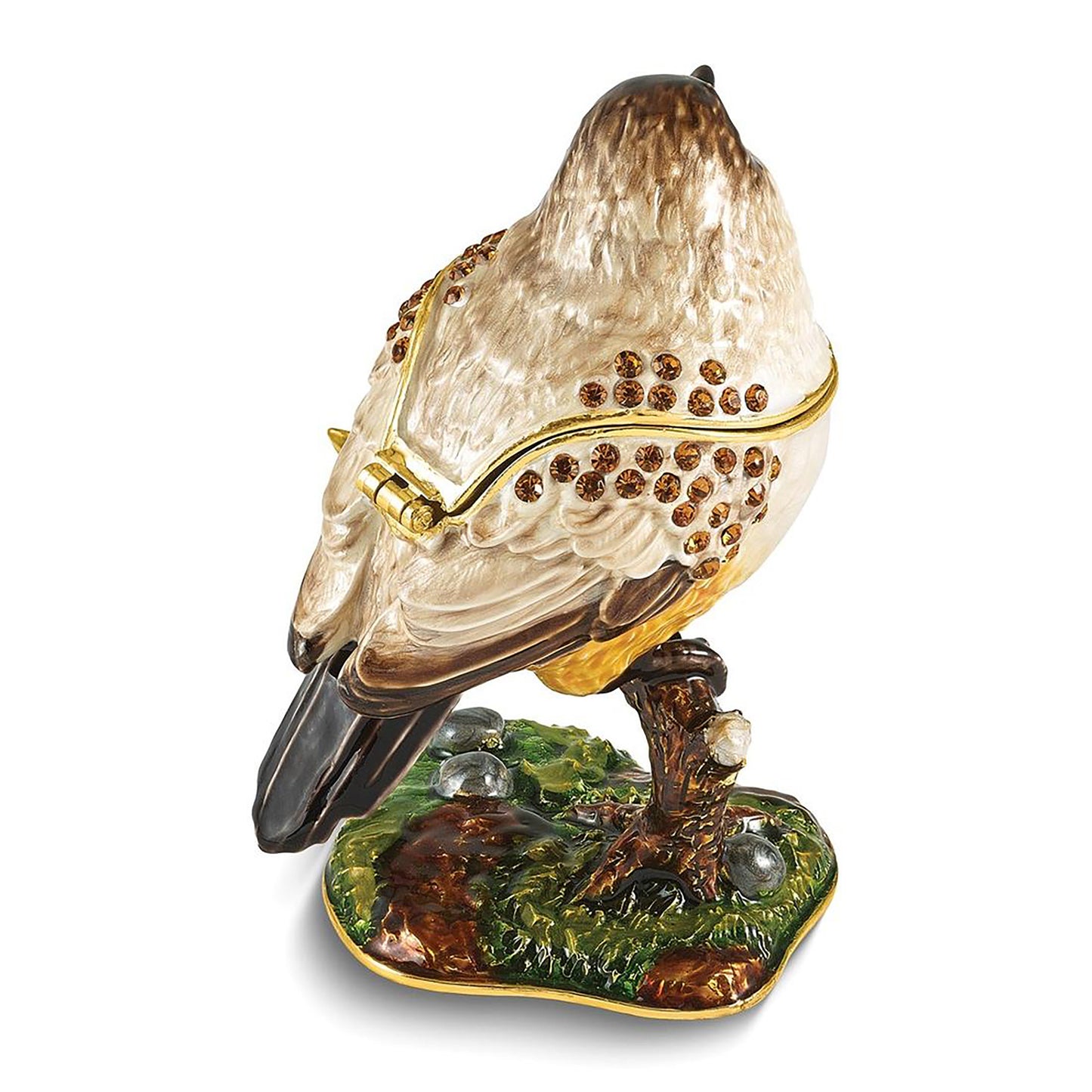 Bejeweled Aves Eastern Phoebe Flycatcher Bird Trinket Container Bejeweled Trinket Box with Matching 18 Inch Necklace, Hand Painted Enameled Collectible Gift