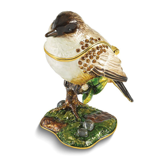 Bejeweled Aves Eastern Phoebe Flycatcher Bird Trinket Container Bejeweled Trinket Box with Matching 18 Inch Necklace, Hand Painted Enameled Collectible Gift