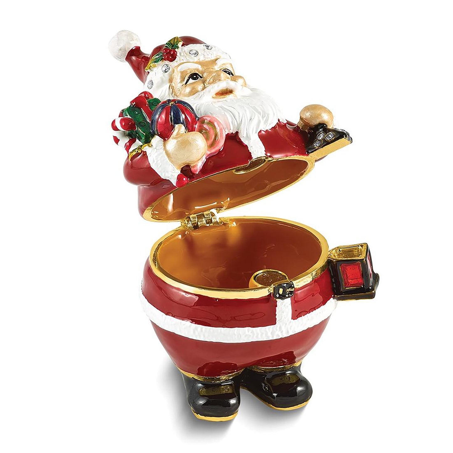 Bejeweled Mr Kringle Santa Claus Holding Gift And Lamp Trinket Container Bejeweled Trinket Box with Matching 18 Inch Necklace, Hand Painted Enameled Collectible Gift