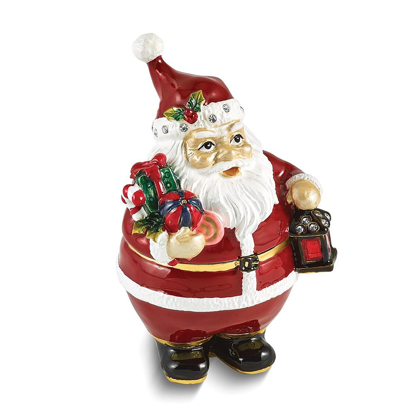 Bejeweled Mr Kringle Santa Claus Holding Gift And Lamp Trinket Container Bejeweled Trinket Box with Matching 18 Inch Necklace, Hand Painted Enameled Collectible Gift