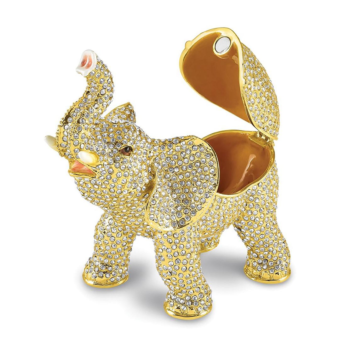 Bejeweled Hanno Gold-Tone Elephant Trinket Container Bejeweled Trinket Box with Matching 18 Inch Necklace, Hand Painted Enameled Collectible Gift