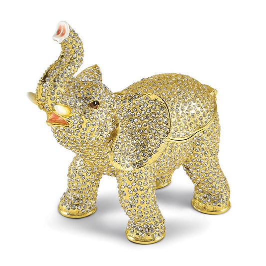 Bejeweled Hanno Gold-Tone Elephant Trinket Container Bejeweled Trinket Box with Matching 18 Inch Necklace, Hand Painted Enameled Collectible Gift
