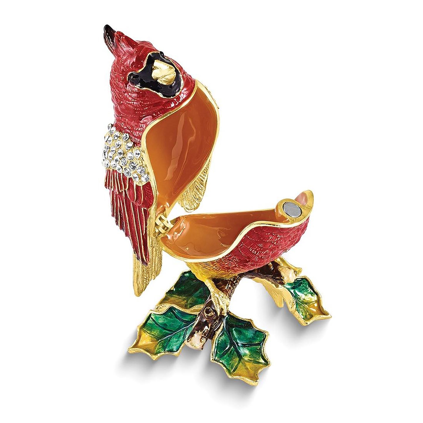 Bejeweled Carmine Cardinal On Holly Branch Trinket Container Bejeweled Trinket Box with Matching 18 Inch Necklace, Hand Painted Enameled Collectible Gift