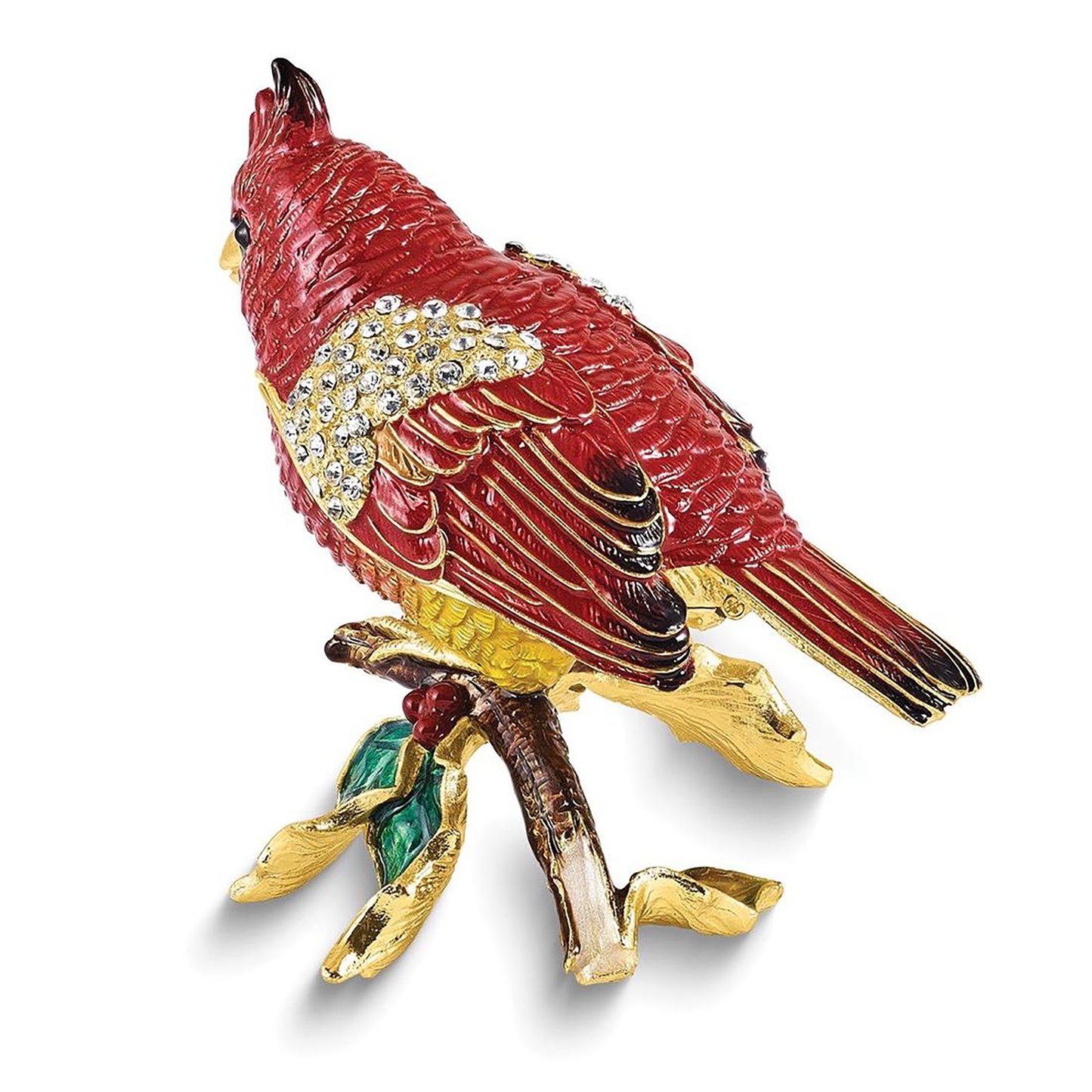 Bejeweled Carmine Cardinal On Holly Branch Trinket Container Bejeweled Trinket Box with Matching 18 Inch Necklace, Hand Painted Enameled Collectible Gift