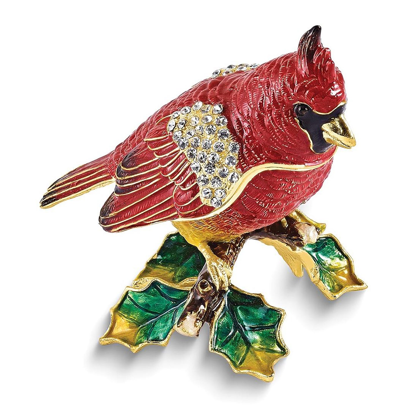 Bejeweled Carmine Cardinal On Holly Branch Trinket Container Bejeweled Trinket Box with Matching 18 Inch Necklace, Hand Painted Enameled Collectible Gift