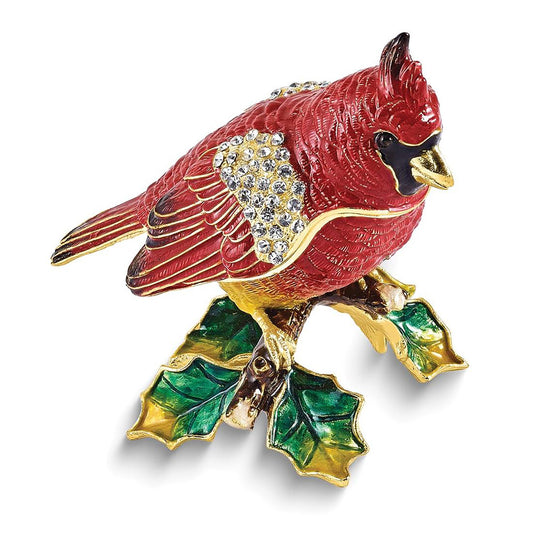 Bejeweled Carmine Cardinal On Holly Branch Trinket Container Bejeweled Trinket Box with Matching 18 Inch Necklace, Hand Painted Enameled Collectible Gift