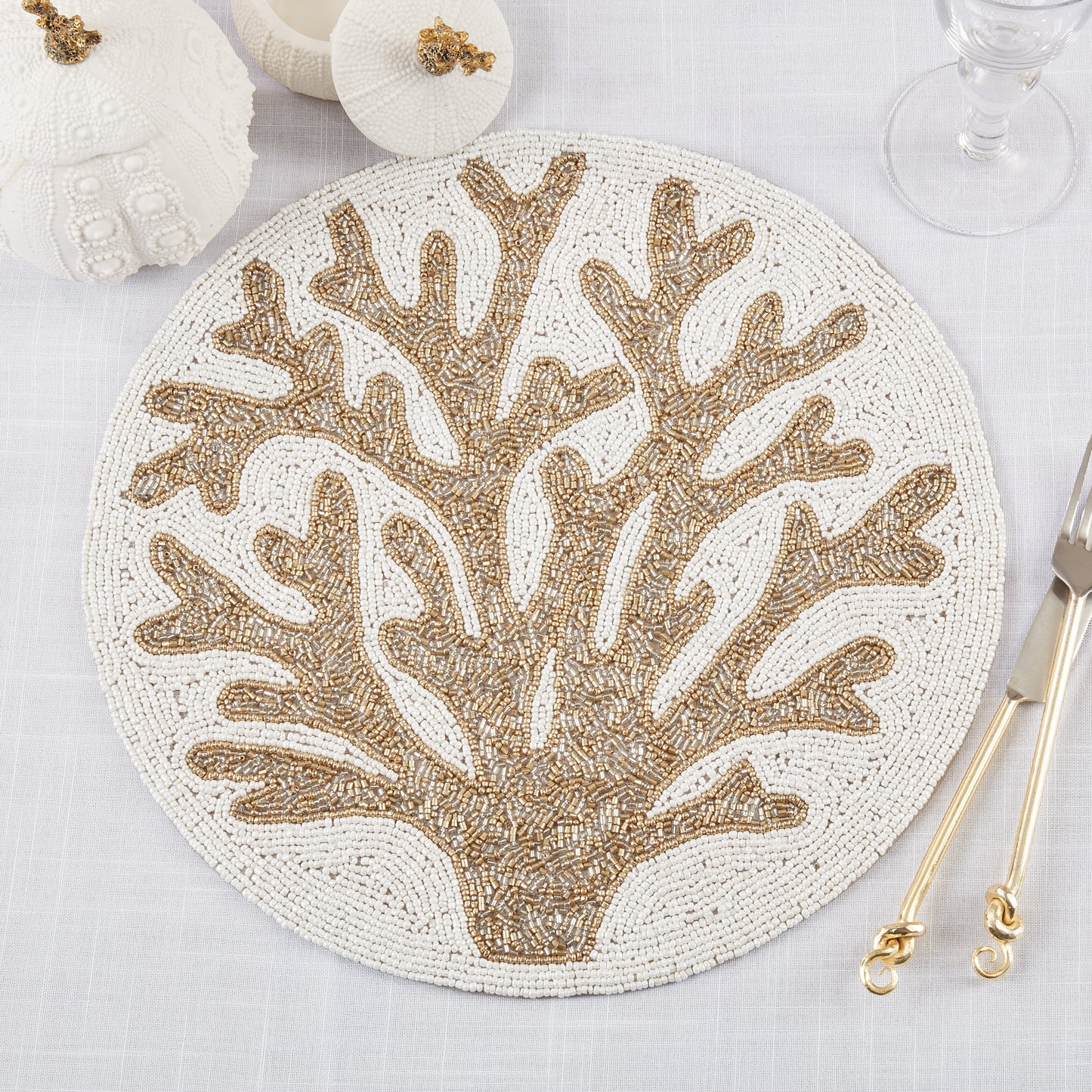 Occasion Gallery Nautical Sealife Themed Gold-tone Sea Shell and Coral Reef Beaded Runners and Placemats