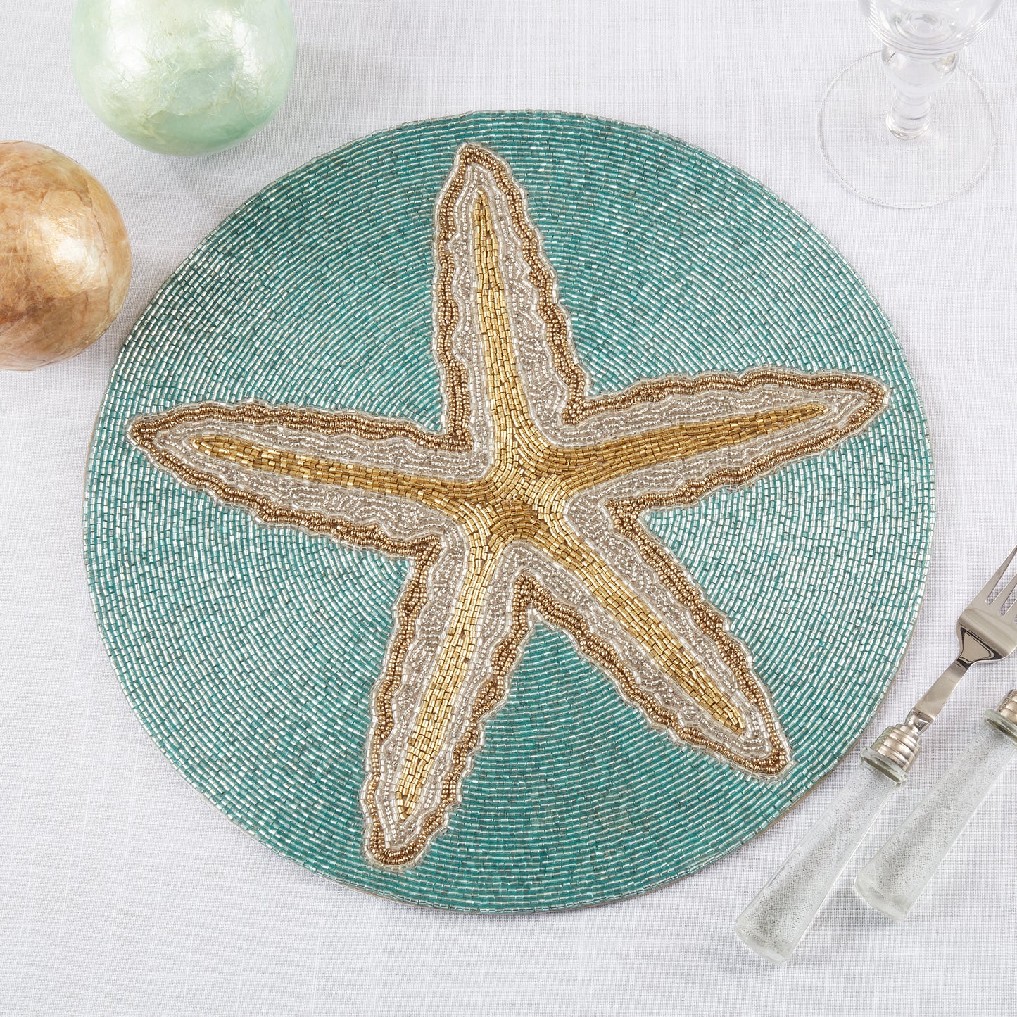 Occasion Gallery Nautical Sealife Themed Aqua Blue Beaded Runners and Placemats