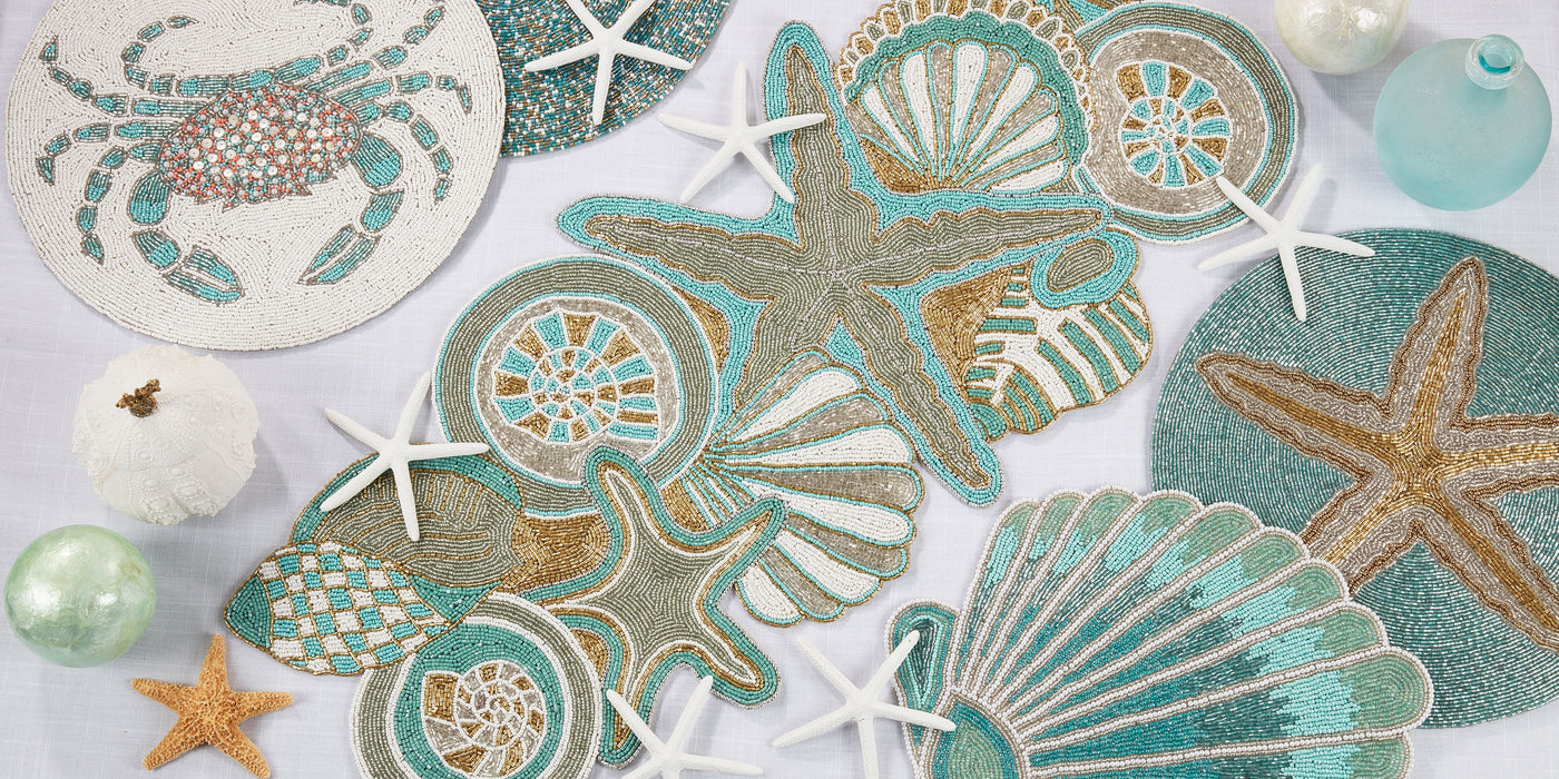 Occasion Gallery Nautical Sealife Themed Aqua Blue Beaded Runners and Placemats