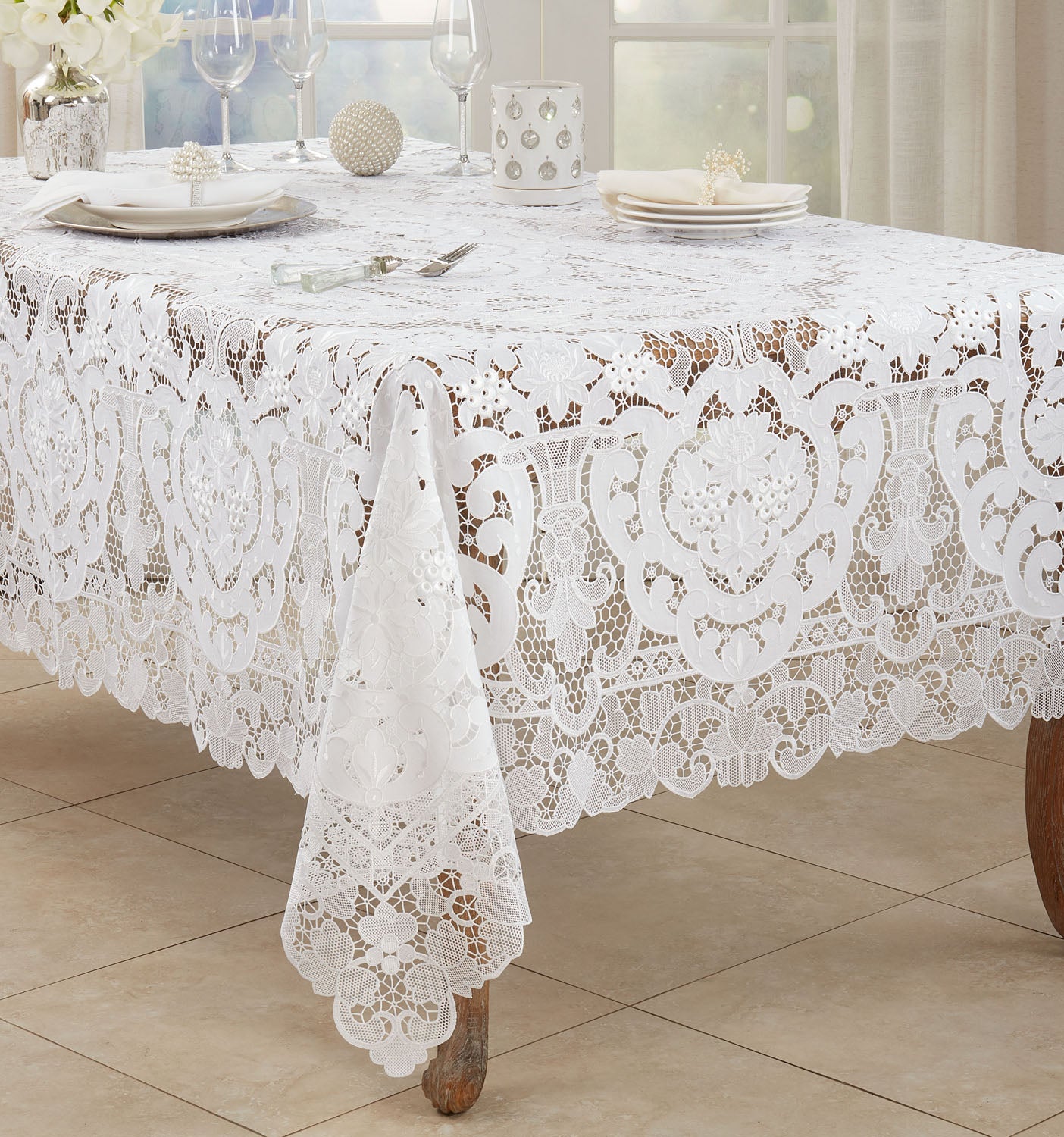 Occasion Gallery Vintage Style White Lace Tablecloths and Table Runner in Various Sizes, Rectangular