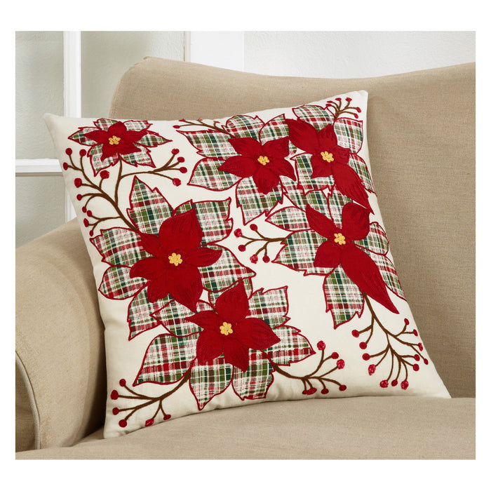 Red Plaid Holiday Christmas Poinsettia Flower Pillows 100% cotton