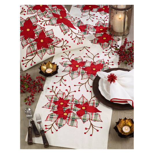 Red Plaid Holiday Christmas Poinsettia Flower Table Runner 100% cotton