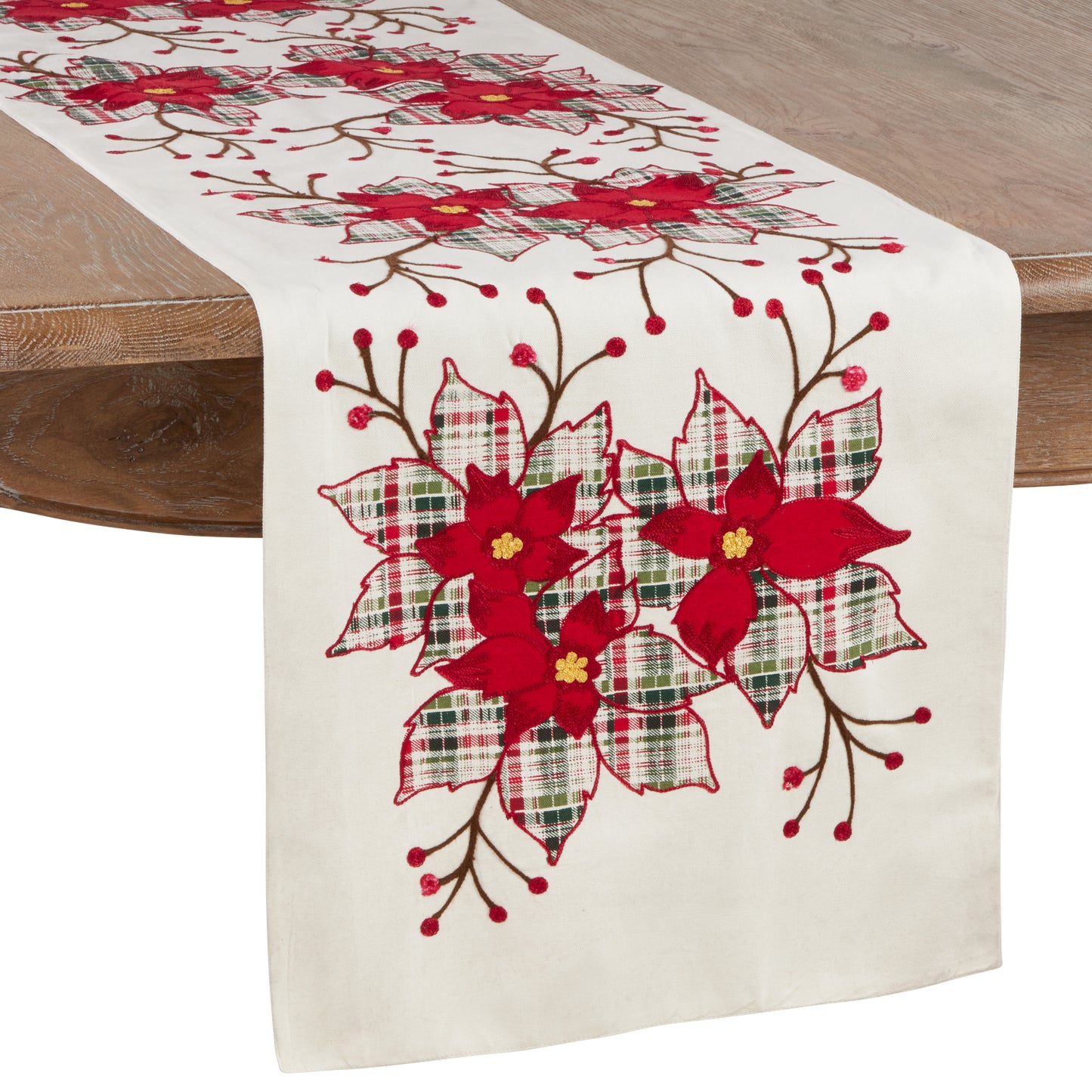 Red Plaid Holiday Christmas Poinsettia Flower Table Runner 100% cotton