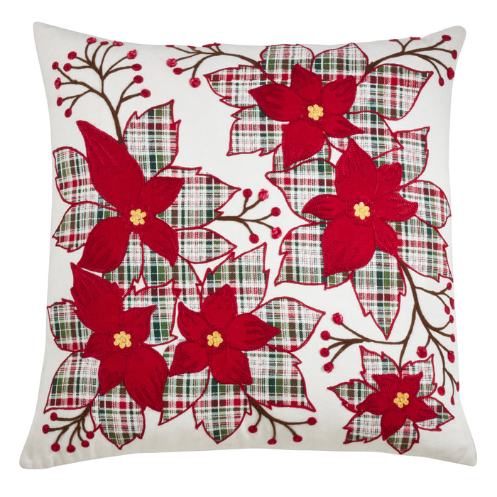Red Plaid Holiday Christmas Poinsettia Flower Pillows 100% cotton