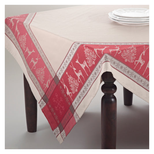 Red Jacquard Reindeer Christmas Tree Boarder Print Holiday Christmas Tablecloth, 72" Square (1 piece), 53% polyester - 47% cotton