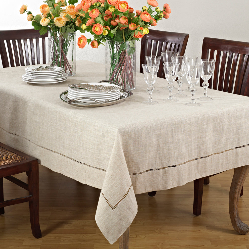 Natural Beige, Classic Tuscany Hemtitch Design Tablecloth and Toppers (Choose Size)