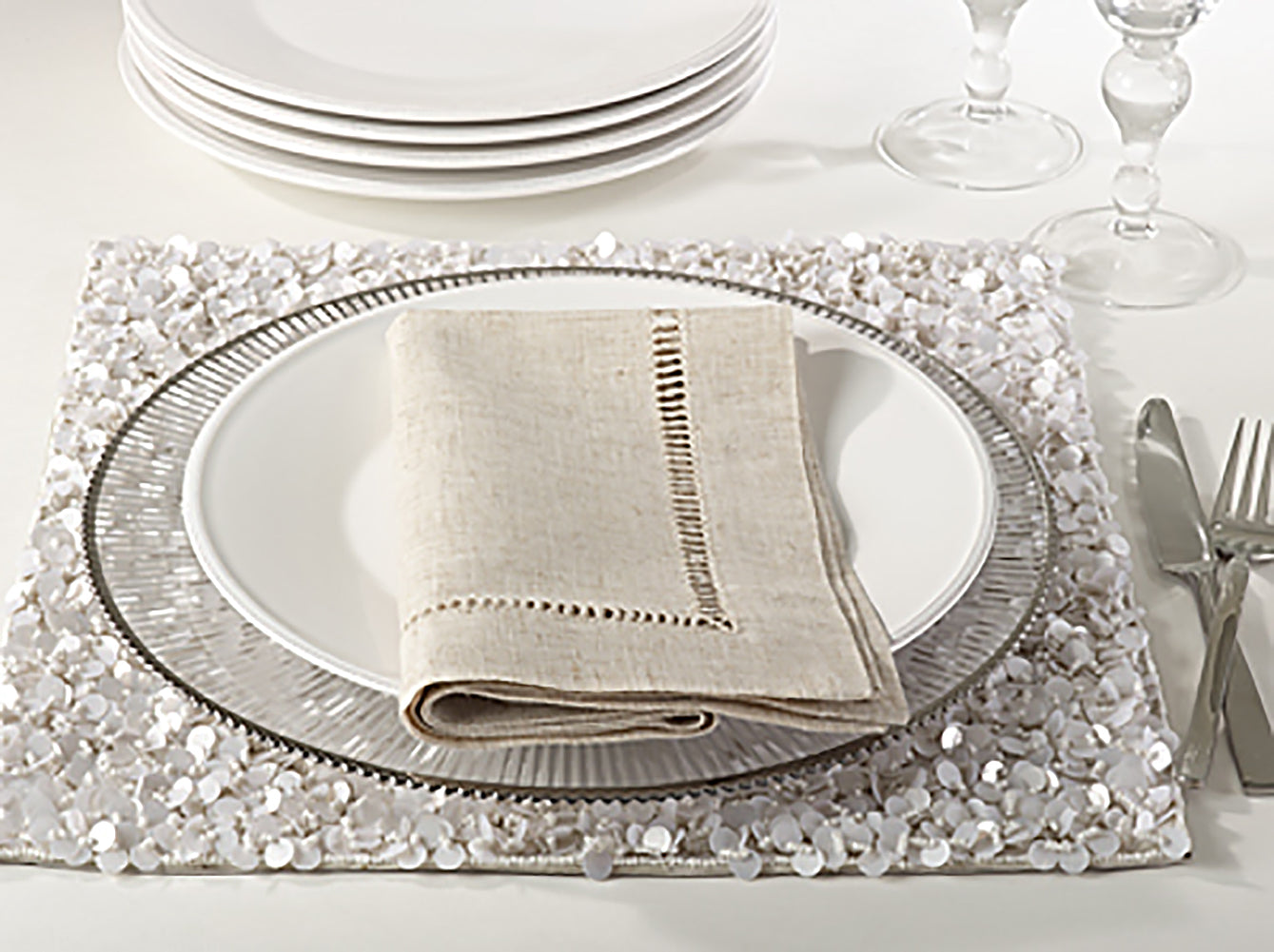 Natural Beige, Classic Tuscany Hemtitch Design 20 Inch Square Napkins (12 Piece Set)