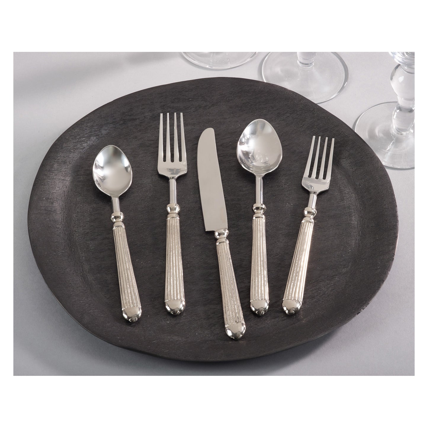 Occasion Gallery Silver Ribbed Flatware, Coctail Knives, Spoons, Forks, and Cheese Sets, Made of Brass, Steel
