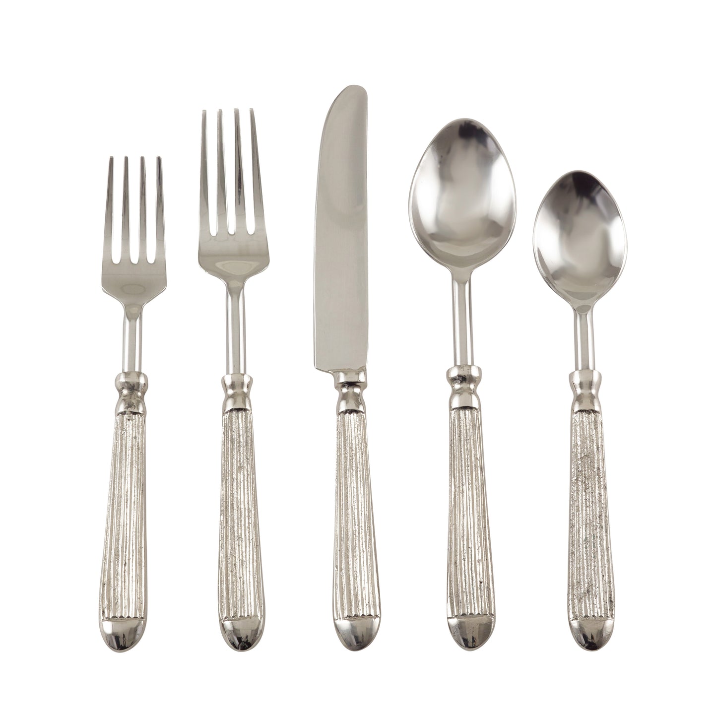 Occasion Gallery Silver Ribbed Flatware, Coctail Knives, Spoons, Forks, and Cheese Sets, Made of Brass, Steel