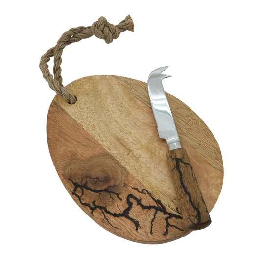 Occasion Gallery Natural Wooden Cheese Platter Board + Knife - (2 Piece Set), 6" X 8" Stainless Steel, Mango Wood