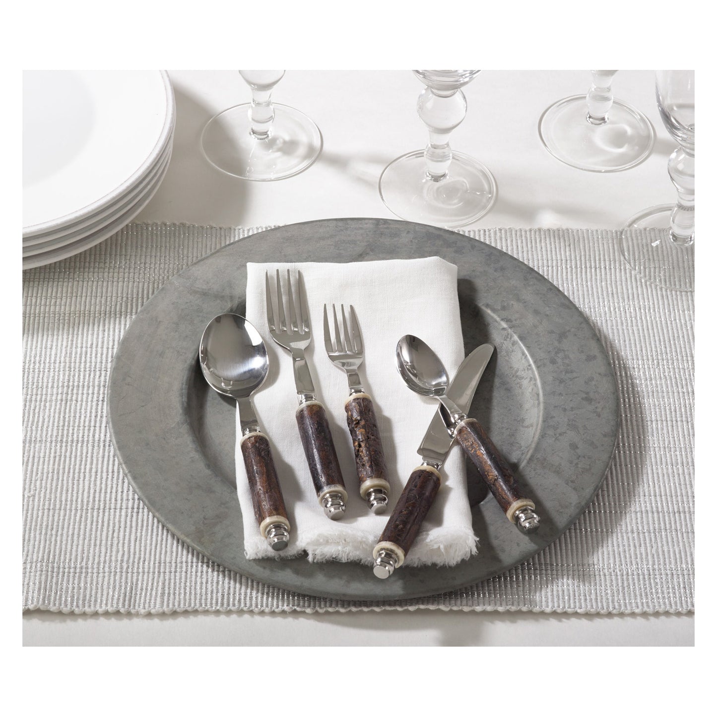 Occasion Gallery Black Bark Wood Flatware and Cheese Cutlery Sets, Stainless Steel 14/1, Iron, Mango Wood