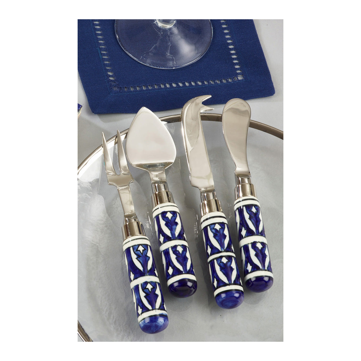 Occasion Gallery Indigo Moroccan Flatware, Cheese Sets, Knives and Forks, and Platter with Knife Sets, Stainless Steel 14/1, Brass - Ceramic