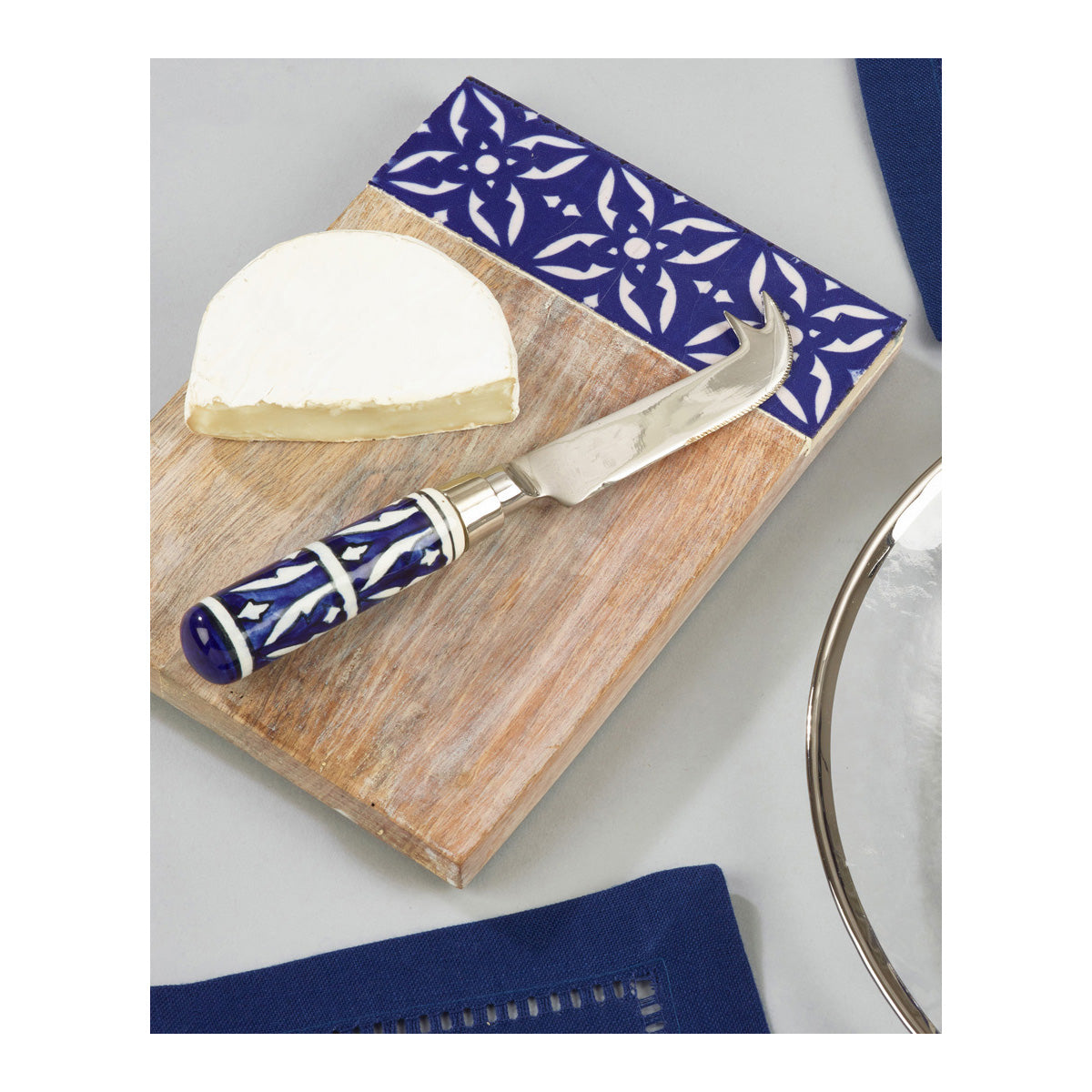 Occasion Gallery Indigo Moroccan Flatware, Cheese Sets, Knives and Forks, and Platter with Knife Sets, Stainless Steel 14/1, Brass - Ceramic