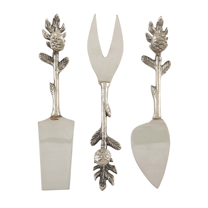 Occasion Gallery Silver Pine Cone Salad Servers, Cheese Cutlery, Knives, Spoons, and Fork Sets, Made of Brass, Steel