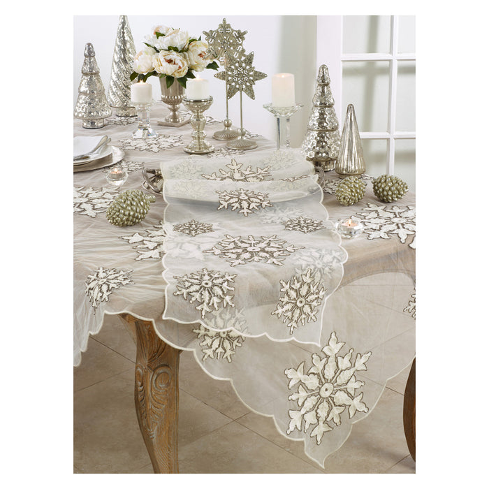 White Beaded and Embroidered Snowflake Table Runners, Toppers, Tablecloth, Table Linens, 100% polyester