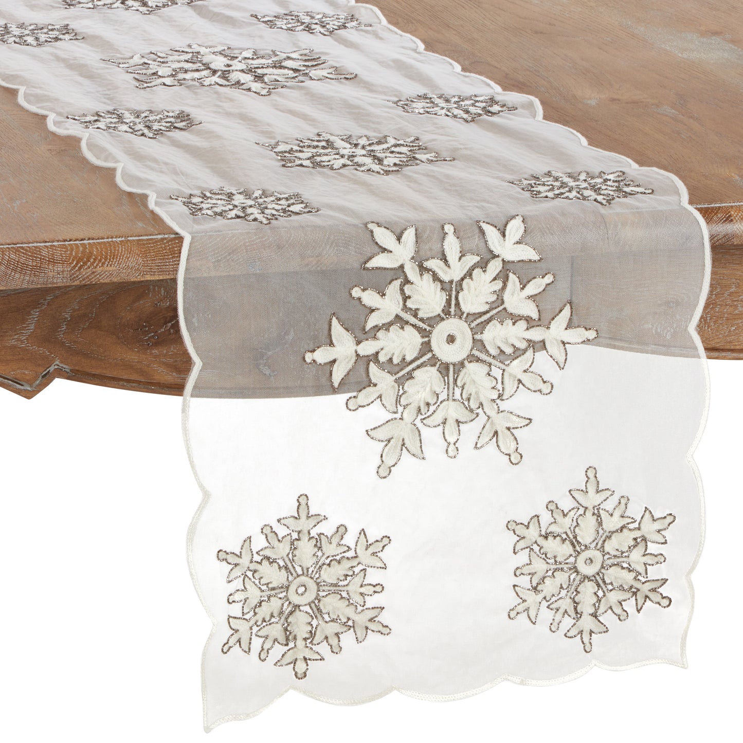 White Beaded and Embroidered Snowflake Table Runners, Toppers, Tablecloth, Table Linens, 100% polyester