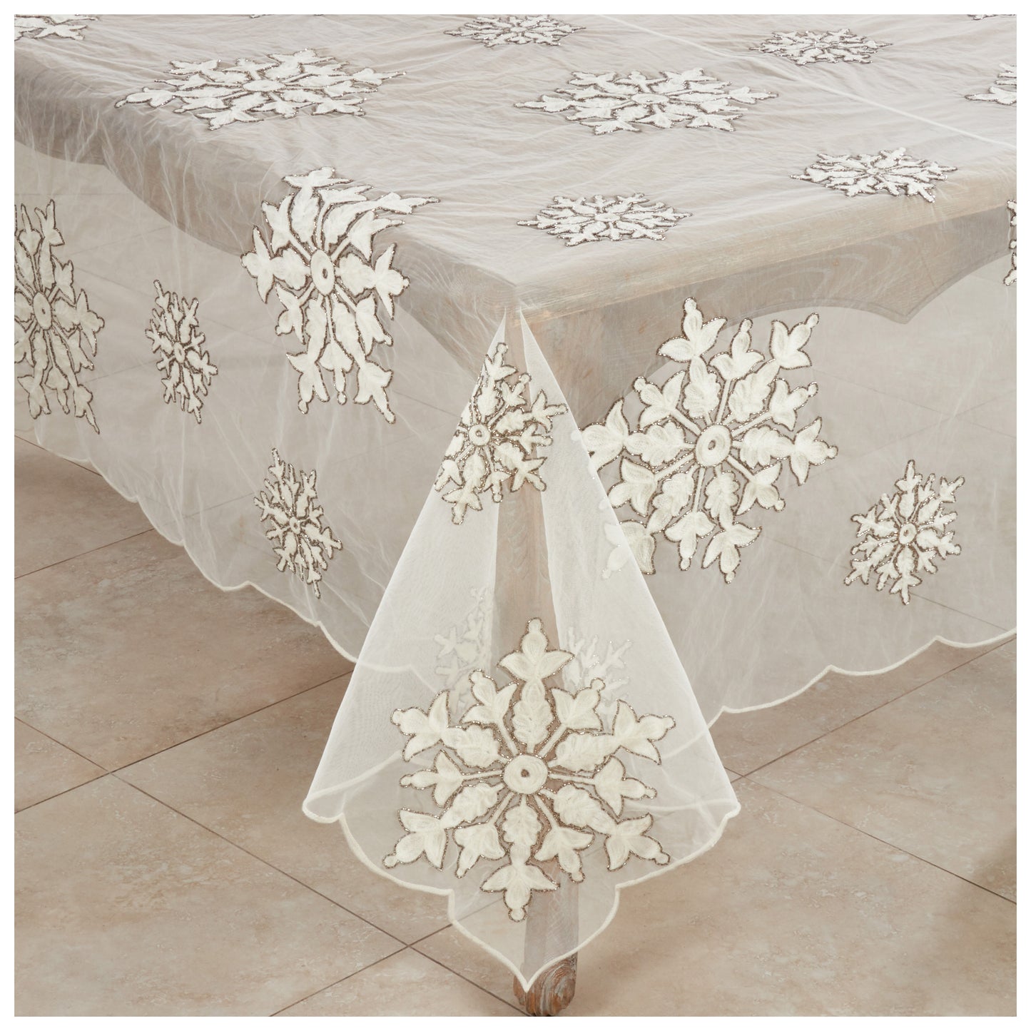White Beaded and Embroidered Snowflake Table Runners, Toppers, Tablecloth, Table Linens, 100% polyester