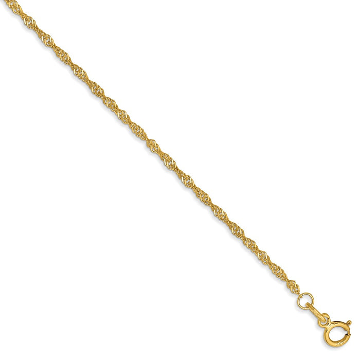 Million Charms 14k Yellow Gold 1.4mm Singapore Chain Anklet, Chain Length: 10 inches