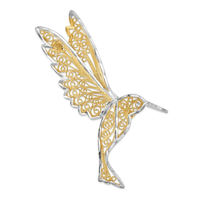 14k Yellow Gold & Rhodium Diamond-Cut Filigree Hummingbird Pin
