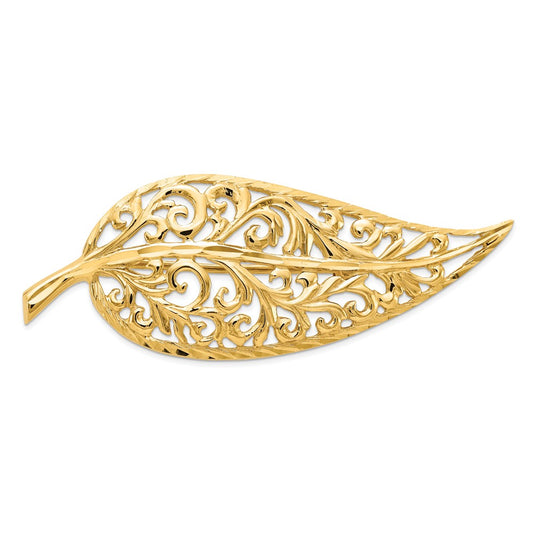 14k Yellow Gold Diamond-cut Polished Filigree Leaf Pin